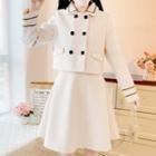 Set: Long-sleeve Double-breasted Woolen Cropped Cardigan + High-waist Plain Woolen A-line Skirt