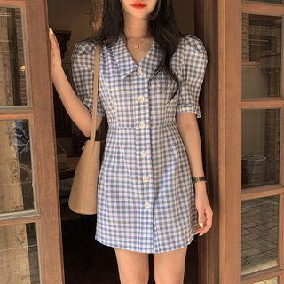 Puff Sleeve Gingham Mini Collar Dress Blue - One Size