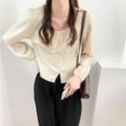 Round-neck Plain Striped Button-up Blouse
