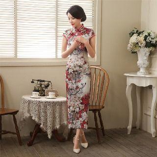 Cap Sleeve Printed Maxi Cheongsam