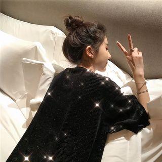 3/4-sleeve Velvet Top Black - One Size