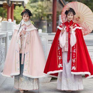 Fluffy Trim Embroidered Cape