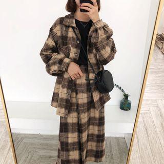 Plaid Buttoned Jacket / Midi A-line Skirt