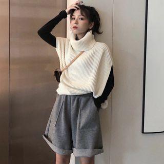 Turtleneck Long-sleeve Knit Top / High Waist Wide-leg Shorts / Turtleneck Knit Vest