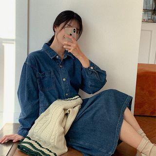 Plus Size Stitched Long Denim Shirtdress