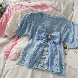 Ribbon-accent Lace-panel Button-up Knit Top