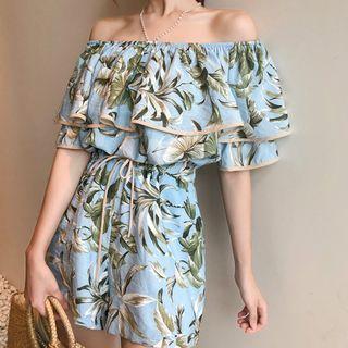 Set : Off-shoulder  Ruffle Top + Shorts Blue - One Size