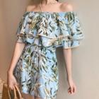 Set : Off-shoulder  Ruffle Top + Shorts Blue - One Size