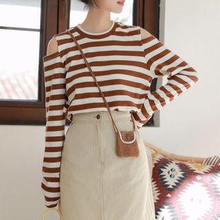 Cold-shoulder Long-sleeve Striped T-shirt