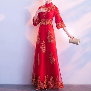 Embroidered Lace 3/4-sleeve Evening Gown