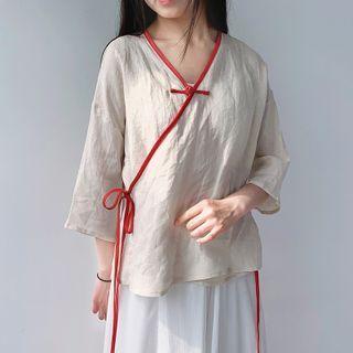 3/4-sleeve Cheongsam Top Beige - One Size