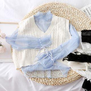 Bell-sleeved Sheer Mesh Top