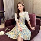 Mock Two-piece Balloon-sleeve Floral Print Dress