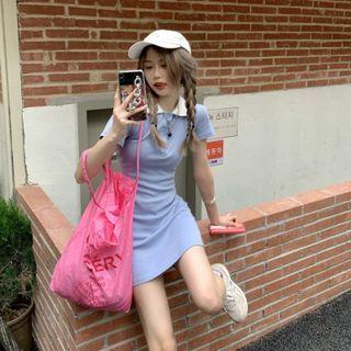 Short-sleeve Collared Slim Fit Dress Blue - One Size
