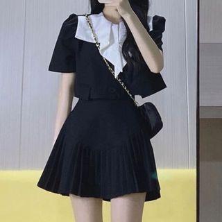 Set: Short-sleeve Peter Pan Collar Blazer + High-waist Pleated Mini Skirt