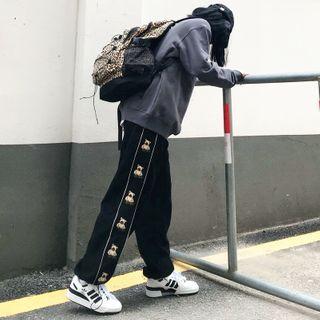 Cartoon Bear Embroidered Drawstring-cuff Pants