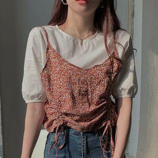 Set: Puff-sleeve Top + Floral Print Camisole Top