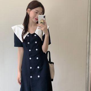 Short-sleeve Collared Double Breasted Dress Navy Blue - One Size
