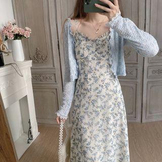 Spaghetti Strap Floral Print Midi A-line Dress / Shirred Cardigan