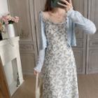Spaghetti Strap Floral Print Midi A-line Dress / Shirred Cardigan