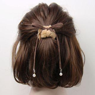 Faux Pearl Bow Faux Fur Hair Tie