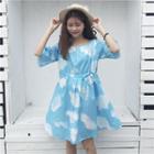 Cloud Printed Elbow Sleeve A-line Dress