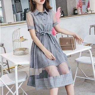 Check Short-sleeve Mesh Panel A-line Dress