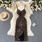 Color Block Slit Striped Suspender Skirt