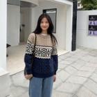 Printed Two-tone Sweater Blue - One Size