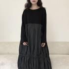 Long-sleeve Two-tone Panel Loose Fit Dress Black - One Size