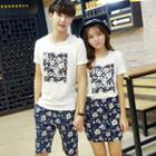 Couple Matching Print T-shirt / Floral Print Shorts / Mini Skirt