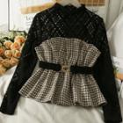 Two-tone Lace-panel Houndstooth Top With Belt