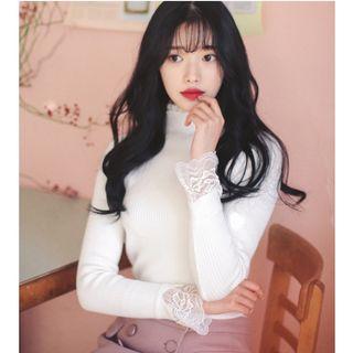 Lace Trim Mock Neck Knit Top