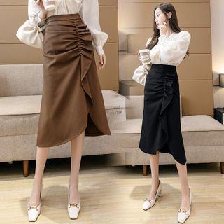 Ruched Frill Trim Midi A-line Skirt