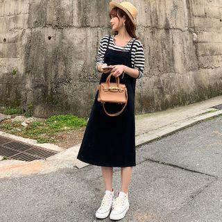 Set: Long-sleeve Striped T-shirt + Midi Overall Dress Set - Strip T-shirt & Dress - Black - One Size