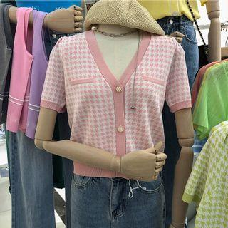 Cropped V-neck Houndstooth Cardigan