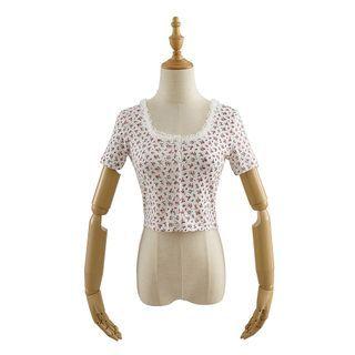 Lace Trim Floral Cropped T-shirt