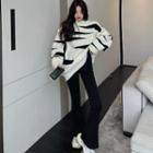 Mock-neck Two-tone Patterned Sweater / Boot-cut Pants