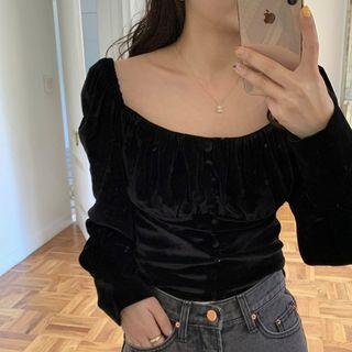 Long-sleeve Square-neck Velvet Top Black - One Size