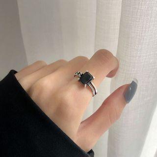 Square Faux Crystal Sterling Silver Open Ring 1 Pc - Square Faux Crystal Sterling Silver Open Ring - Silver & Black - Us Size 16