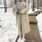 Round-neck Faux-shearling Coat With Sash Beige - One Size