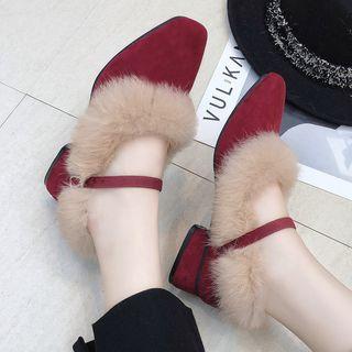 Furry-trim Block Heel Mary Jane Pumps