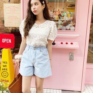 Puff-sleeve Crochet Top Ivory - One Size