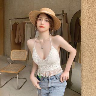 Tasseled Crochet Lace Camisole Top White - One Size