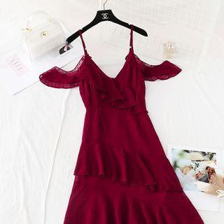Cold Shoulder Dotted Tiered Dress