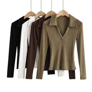 Long-sleeve V-neck Plain Collar Top