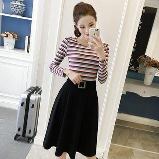 Long Sleeve Striped Panel A-line Dress