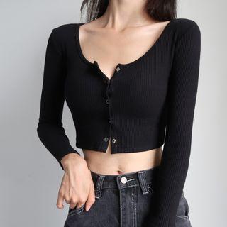 Plain U-neck Long-sleeve Knit Top