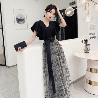Flutter Sleeve V-neck Lettering Panel Evening Gown