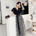 Flutter Sleeve V-neck Lettering Panel Evening Gown